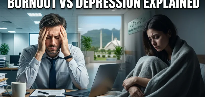 Therapist consulting a patient in a modern rehabilitation centre in Islamabad discussing burnout vs depression, focusing on mental health awareness, stress management, and emotional recovery in a calm clinical environment.
