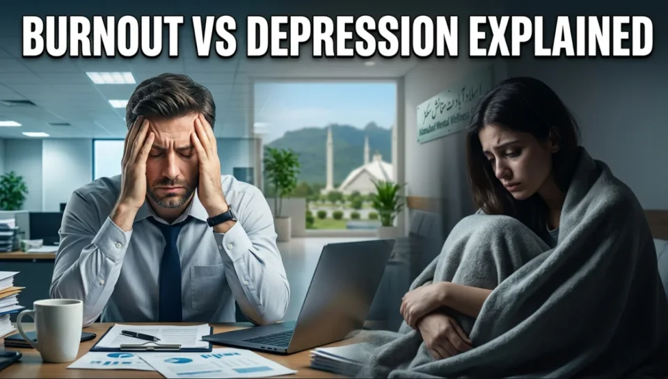 Therapist consulting a patient in a modern rehabilitation centre in Islamabad discussing burnout vs depression, focusing on mental health awareness, stress management, and emotional recovery in a calm clinical environment.