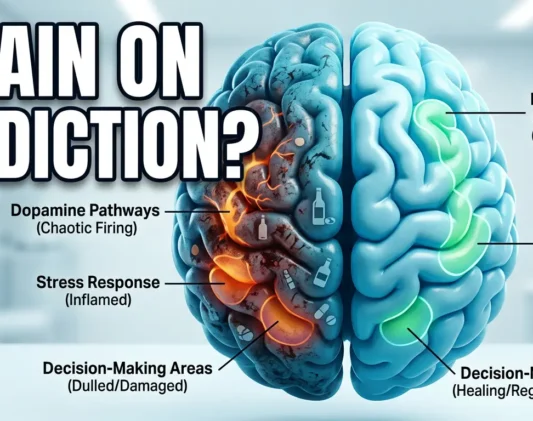 Medical illustration showing how addiction affects brain function, dopamine levels, decision-making, and emotional control during substance abuse and recovery.