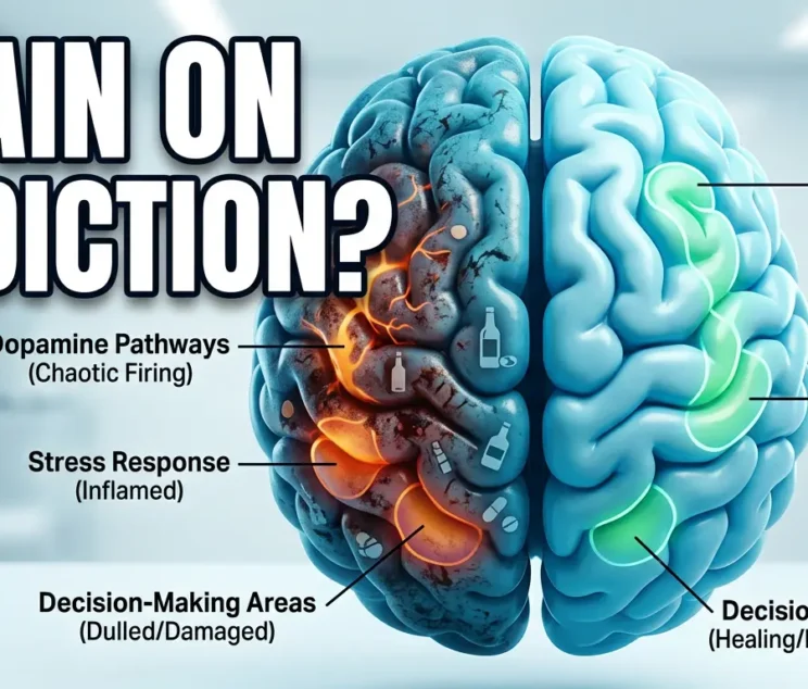 Medical illustration showing how addiction affects brain function, dopamine levels, decision-making, and emotional control during substance abuse and recovery.