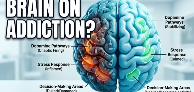 Medical illustration showing how addiction affects brain function, dopamine levels, decision-making, and emotional control during substance abuse and recovery.