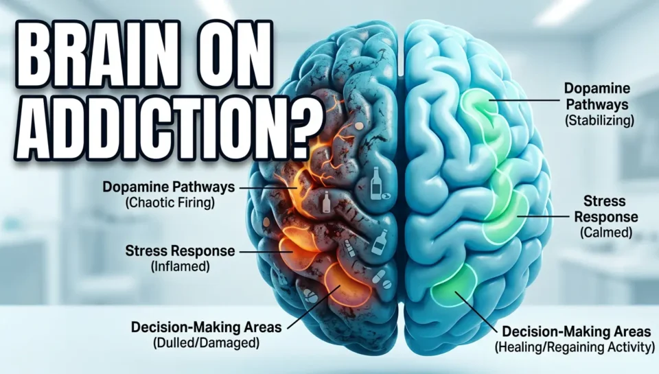 Medical illustration showing how addiction affects brain function, dopamine levels, decision-making, and emotional control during substance abuse and recovery.