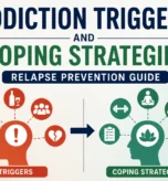 Addiction triggers and coping strategies infographic showing relapse prevention techniques and healthy recovery habits for addiction treatment and recovery support