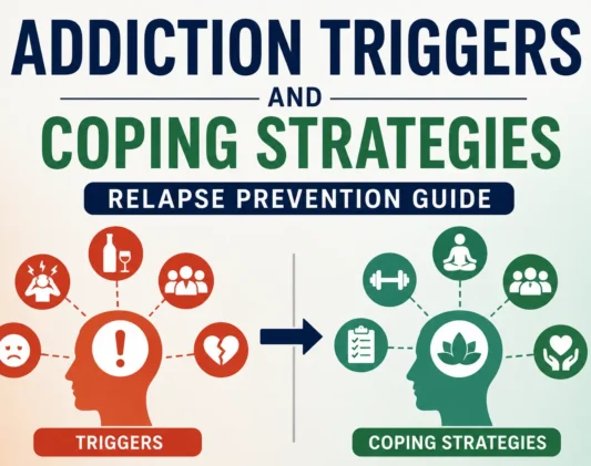 Addiction triggers and coping strategies infographic showing relapse prevention techniques and healthy recovery habits for addiction treatment and recovery support