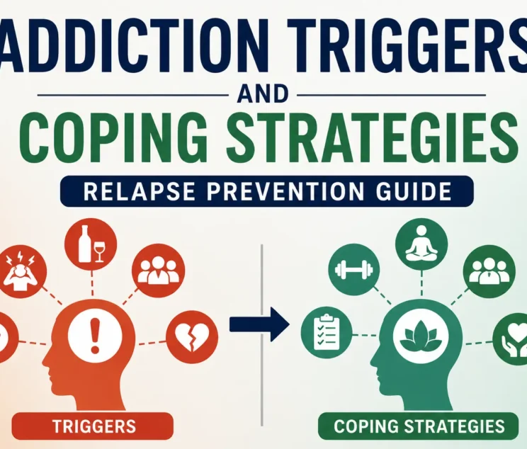 Addiction triggers and coping strategies infographic showing relapse prevention techniques and healthy recovery habits for addiction treatment and recovery support