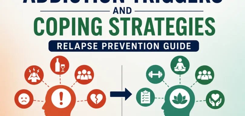 Addiction triggers and coping strategies infographic showing relapse prevention techniques and healthy recovery habits for addiction treatment and recovery support