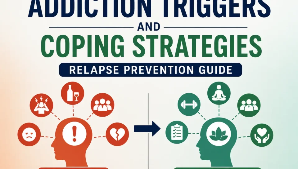 Addiction triggers and coping strategies infographic showing relapse prevention techniques and healthy recovery habits for addiction treatment and recovery support