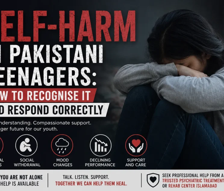 Pakistani teenager sitting alone in emotional distress with the title "Self-Harm in Pakistani Teenagers: How to Recognise It and Respond Correctly" on a mental health awareness blog thumbnail.