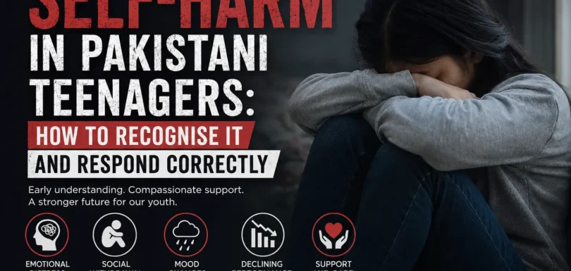 Pakistani teenager sitting alone in emotional distress with the title "Self-Harm in Pakistani Teenagers: How to Recognise It and Respond Correctly" on a mental health awareness blog thumbnail.