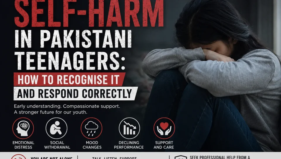 Pakistani teenager sitting alone in emotional distress with the title "Self-Harm in Pakistani Teenagers: How to Recognise It and Respond Correctly" on a mental health awareness blog thumbnail.