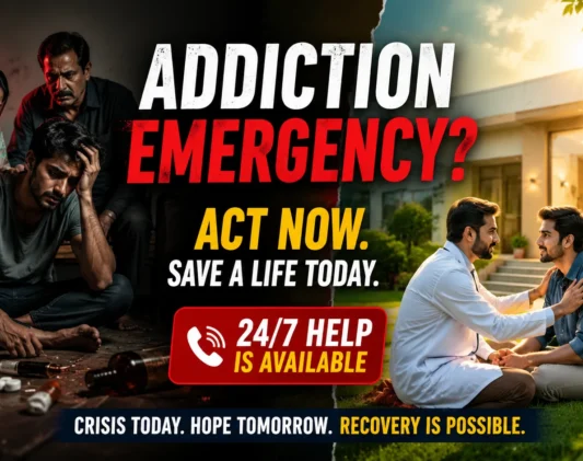 A split-screen healthcare awareness thumbnail showing a Pakistani addiction crisis on the left and recovery on the right. On the left, a distressed young man sits on the floor surrounded by drug-related items while worried family members comfort him in a dark room illuminated by red emergency lighting. On the right, a doctor speaks reassuringly with a recovering patient outside a modern rehabilitation center under warm sunlight, with supportive family members standing nearby. Large text reads “Addiction Emergency? Act Now. Save a Life Today. 24/7 Help Is Available,” emphasizing urgent intervention and hope for recovery. The image contrasts darkness and despair with healing and optimism in a realistic Pakistani setting.