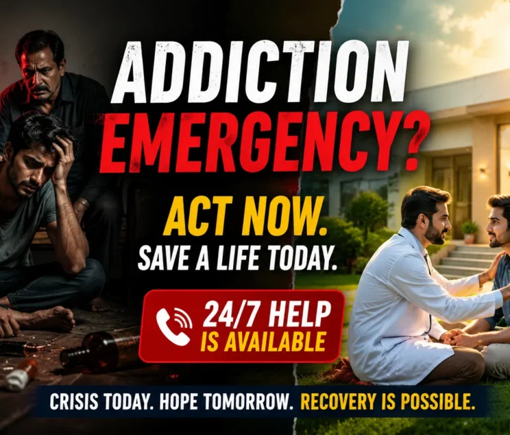 A split-screen healthcare awareness thumbnail showing a Pakistani addiction crisis on the left and recovery on the right. On the left, a distressed young man sits on the floor surrounded by drug-related items while worried family members comfort him in a dark room illuminated by red emergency lighting. On the right, a doctor speaks reassuringly with a recovering patient outside a modern rehabilitation center under warm sunlight, with supportive family members standing nearby. Large text reads “Addiction Emergency? Act Now. Save a Life Today. 24/7 Help Is Available,” emphasizing urgent intervention and hope for recovery. The image contrasts darkness and despair with healing and optimism in a realistic Pakistani setting.