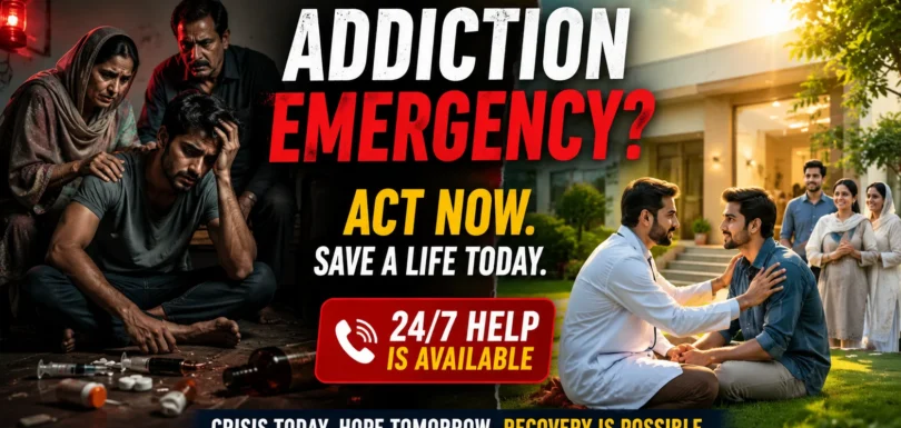 A split-screen healthcare awareness thumbnail showing a Pakistani addiction crisis on the left and recovery on the right. On the left, a distressed young man sits on the floor surrounded by drug-related items while worried family members comfort him in a dark room illuminated by red emergency lighting. On the right, a doctor speaks reassuringly with a recovering patient outside a modern rehabilitation center under warm sunlight, with supportive family members standing nearby. Large text reads “Addiction Emergency? Act Now. Save a Life Today. 24/7 Help Is Available,” emphasizing urgent intervention and hope for recovery. The image contrasts darkness and despair with healing and optimism in a realistic Pakistani setting.