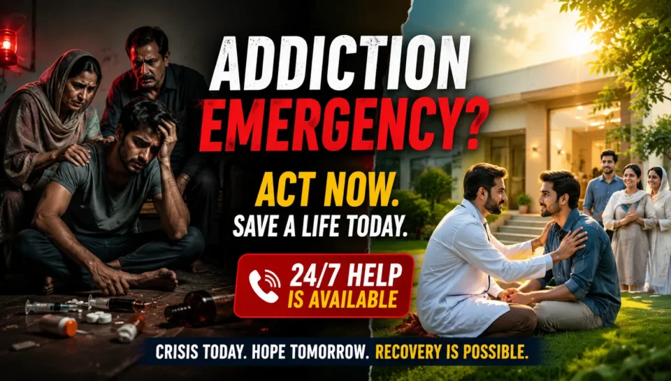 A split-screen healthcare awareness thumbnail showing a Pakistani addiction crisis on the left and recovery on the right. On the left, a distressed young man sits on the floor surrounded by drug-related items while worried family members comfort him in a dark room illuminated by red emergency lighting. On the right, a doctor speaks reassuringly with a recovering patient outside a modern rehabilitation center under warm sunlight, with supportive family members standing nearby. Large text reads “Addiction Emergency? Act Now. Save a Life Today. 24/7 Help Is Available,” emphasizing urgent intervention and hope for recovery. The image contrasts darkness and despair with healing and optimism in a realistic Pakistani setting.