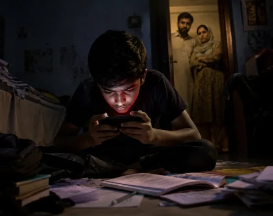 Pakistani teenage boy sitting on the floor of a dark bedroom late at night, intensely focused on a smartphone emitting a red glow. School books, notebooks, and homework are scattered around him, symbolizing neglected studies. In the background, worried parents stand in the doorway watching with concern. The dramatic lighting and emotional atmosphere highlight the serious impact of gaming addiction and mental health struggles among teenagers.