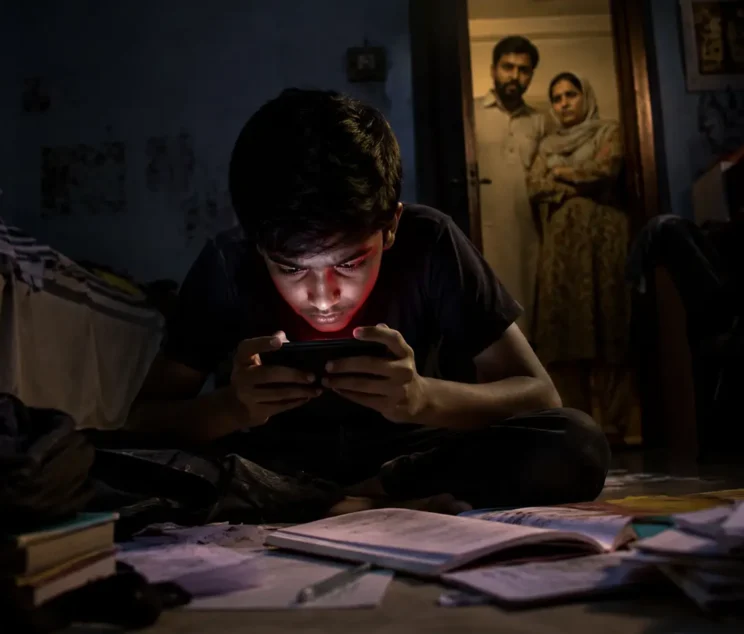 Pakistani teenage boy sitting on the floor of a dark bedroom late at night, intensely focused on a smartphone emitting a red glow. School books, notebooks, and homework are scattered around him, symbolizing neglected studies. In the background, worried parents stand in the doorway watching with concern. The dramatic lighting and emotional atmosphere highlight the serious impact of gaming addiction and mental health struggles among teenagers.
