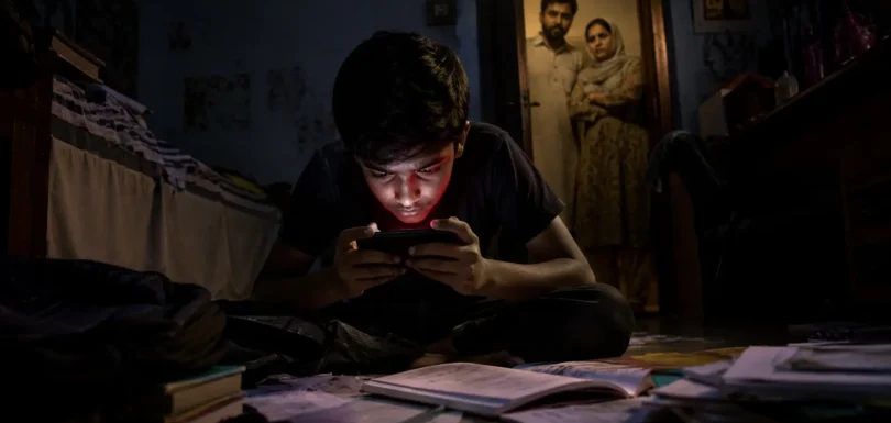 Pakistani teenage boy sitting on the floor of a dark bedroom late at night, intensely focused on a smartphone emitting a red glow. School books, notebooks, and homework are scattered around him, symbolizing neglected studies. In the background, worried parents stand in the doorway watching with concern. The dramatic lighting and emotional atmosphere highlight the serious impact of gaming addiction and mental health struggles among teenagers.