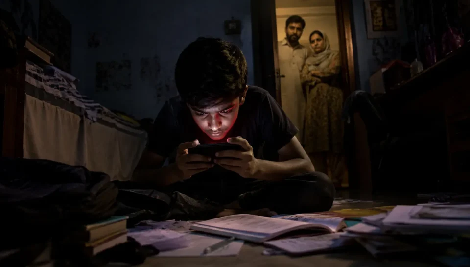 Pakistani teenage boy sitting on the floor of a dark bedroom late at night, intensely focused on a smartphone emitting a red glow. School books, notebooks, and homework are scattered around him, symbolizing neglected studies. In the background, worried parents stand in the doorway watching with concern. The dramatic lighting and emotional atmosphere highlight the serious impact of gaming addiction and mental health struggles among teenagers.