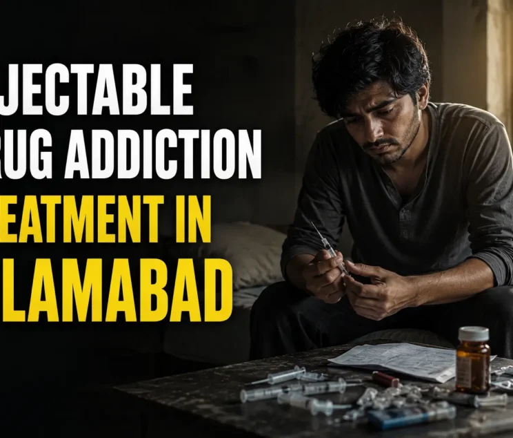 "Young Pakistani man struggling with injectable drug addiction during recovery treatment at a rehab centre in Islamabad."