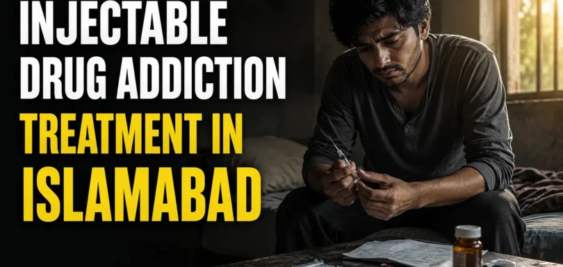 "Young Pakistani man struggling with injectable drug addiction during recovery treatment at a rehab centre in Islamabad."