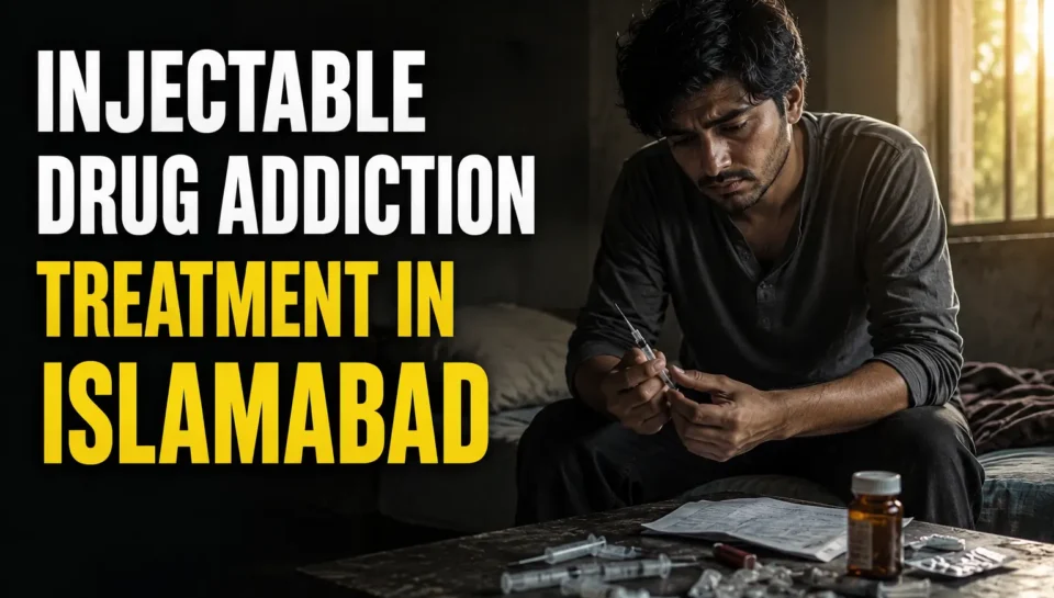 "Young Pakistani man struggling with injectable drug addiction during recovery treatment at a rehab centre in Islamabad."