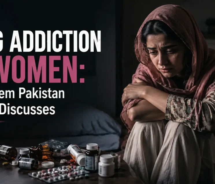 Drug addiction in women in Pakistan awareness image showing a distressed Pakistani woman sitting alone with prescription medication, highlighting the hidden impact of female substance abuse and the need for professional addiction treatment.