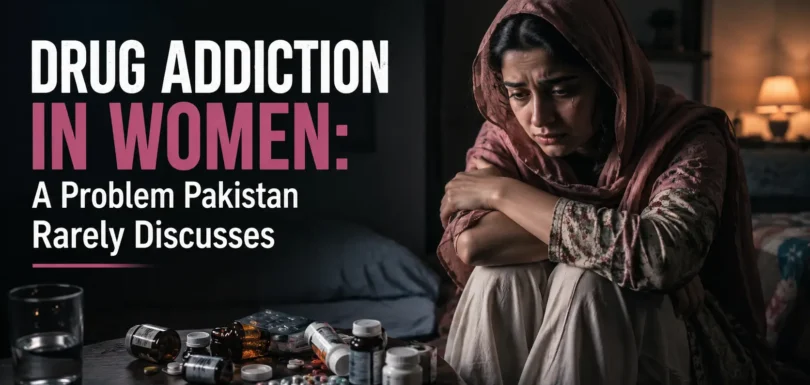 Drug addiction in women in Pakistan awareness image showing a distressed Pakistani woman sitting alone with prescription medication, highlighting the hidden impact of female substance abuse and the need for professional addiction treatment.