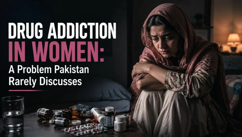 Drug addiction in women in Pakistan awareness image showing a distressed Pakistani woman sitting alone with prescription medication, highlighting the hidden impact of female substance abuse and the need for professional addiction treatment.