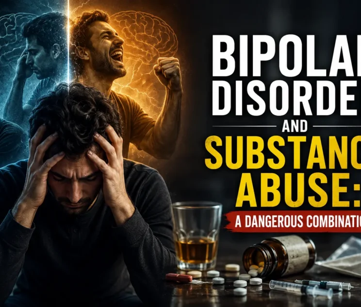 Young Pakistani man experiencing emotional distress associated with bipolar disorder, sitting with his head in his hands beside alcohol and drugs, illustrating the dangerous connection between mental illness and substance abuse and the importance of dual diagnosis treatment.