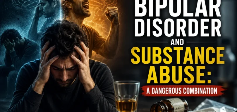 Young Pakistani man experiencing emotional distress associated with bipolar disorder, sitting with his head in his hands beside alcohol and drugs, illustrating the dangerous connection between mental illness and substance abuse and the importance of dual diagnosis treatment.