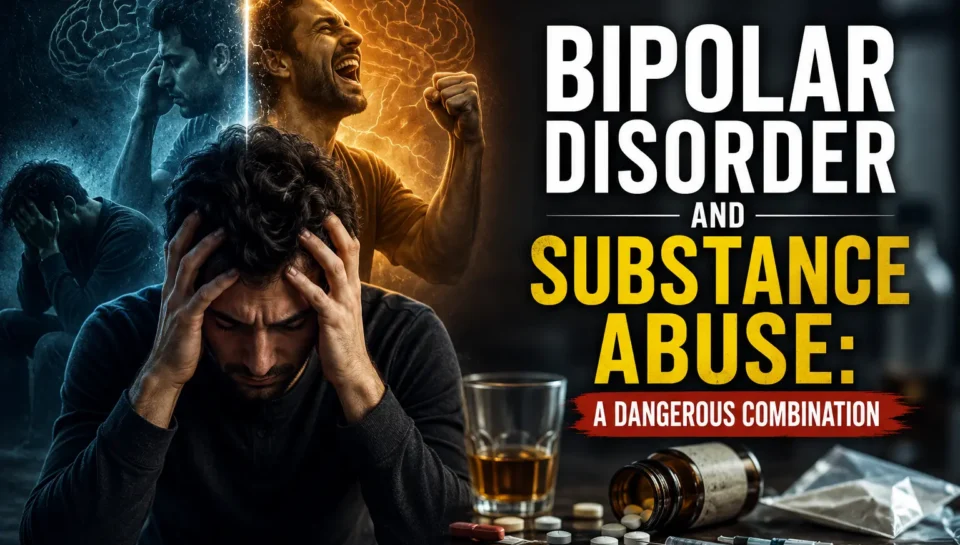 Young Pakistani man experiencing emotional distress associated with bipolar disorder, sitting with his head in his hands beside alcohol and drugs, illustrating the dangerous connection between mental illness and substance abuse and the importance of dual diagnosis treatment.