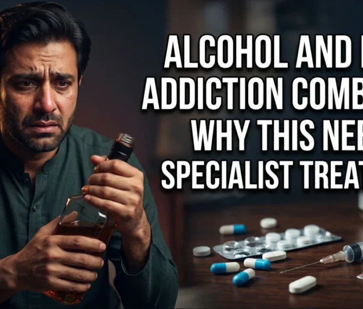 Pakistani man struggling with alcohol and drug addiction sitting in a dark room, holding a liquor bottle beside scattered pills and drug paraphernalia, depicting the dangers of polysubstance abuse and the need for specialist addiction treatment and rehabilitation.