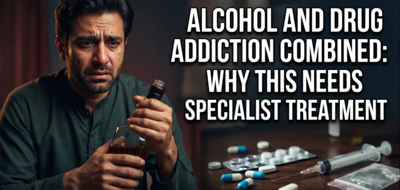 Pakistani man struggling with alcohol and drug addiction sitting in a dark room, holding a liquor bottle beside scattered pills and drug paraphernalia, depicting the dangers of polysubstance abuse and the need for specialist addiction treatment and rehabilitation.