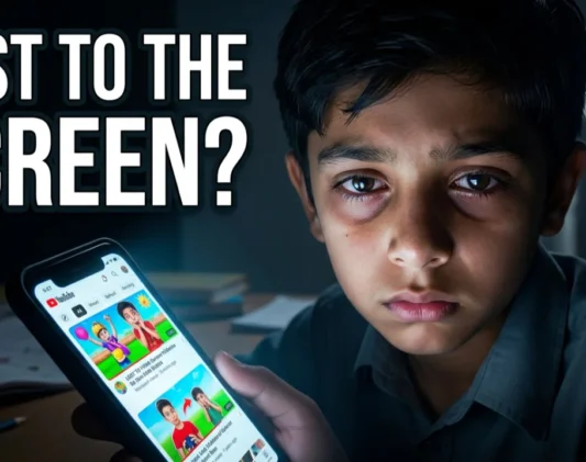 Child staring at a smartphone watching YouTube videos for hours while ignoring homework and family activities, illustrating YouTube addiction in children.