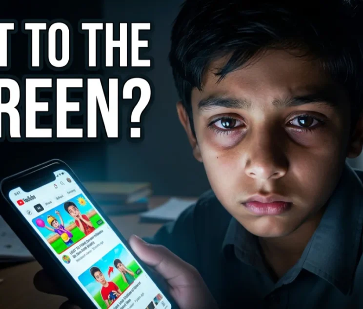 Child staring at a smartphone watching YouTube videos for hours while ignoring homework and family activities, illustrating YouTube addiction in children.
