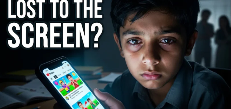 Child staring at a smartphone watching YouTube videos for hours while ignoring homework and family activities, illustrating YouTube addiction in children.
