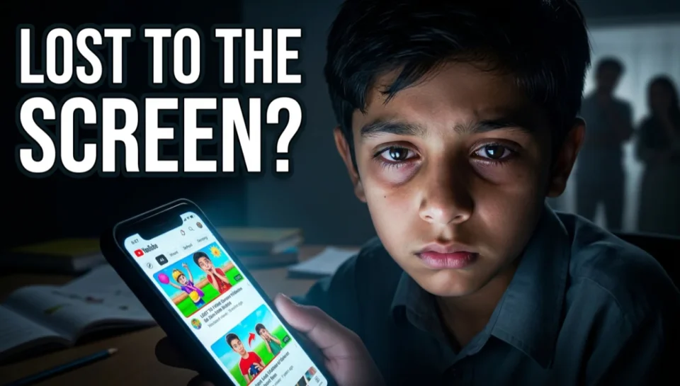 Child staring at a smartphone watching YouTube videos for hours while ignoring homework and family activities, illustrating YouTube addiction in children.