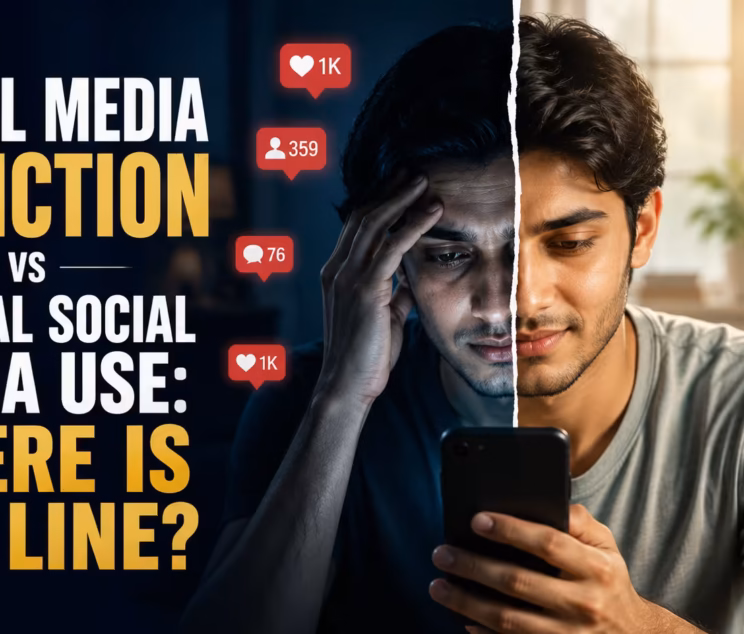 Mental health awareness illustration showing the difference between healthy social media use and social media addiction with a focus on digital well-being and recovery.