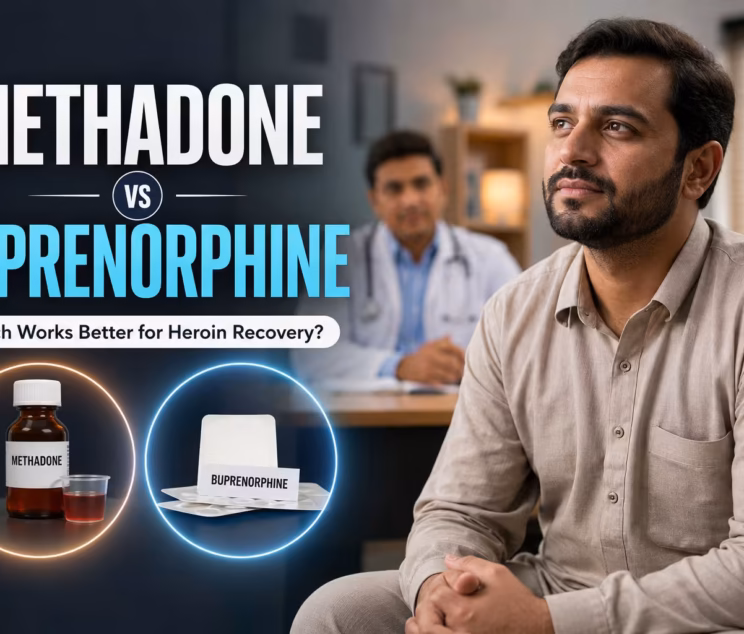 Realistic Pakistani adult in a professional addiction treatment setting, representing a medical comparison of methadone and buprenorphine for heroin recovery.