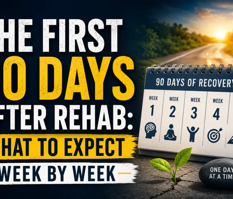 Recovery timeline illustration showing what to expect during the first 90 days after leaving drug or alcohol rehab.