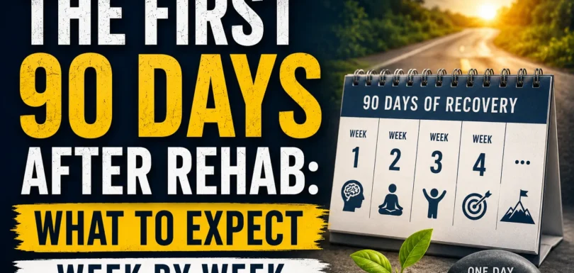 Recovery timeline illustration showing what to expect during the first 90 days after leaving drug or alcohol rehab.