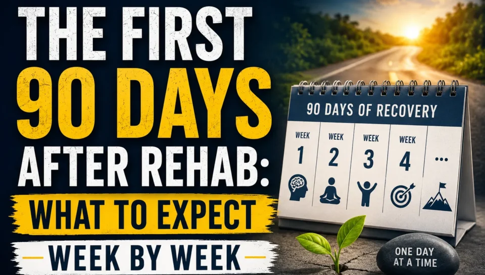 Recovery timeline illustration showing what to expect during the first 90 days after leaving drug or alcohol rehab.