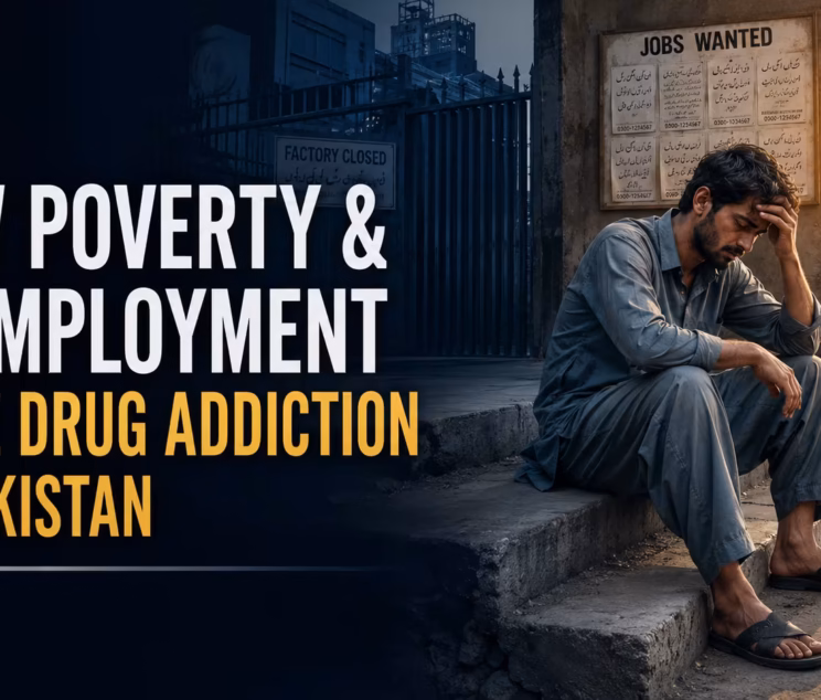 Illustration showing the impact of poverty and unemployment on drug addiction in Pakistan, highlighting the importance of rehabilitation and recovery.