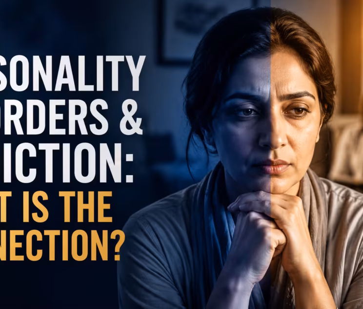 Editorial healthcare awareness thumbnail showing a Pakistani adult receiving mental health support, illustrating the connection between personality disorders and addiction with a hopeful recovery theme.