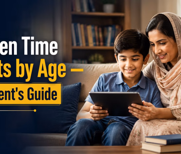 "Screen Time Limits by Age – A Parent's Guide thumbnail featuring a Pakistani mother and child using a tablet together to promote healthy screen time habits and digital parenting."