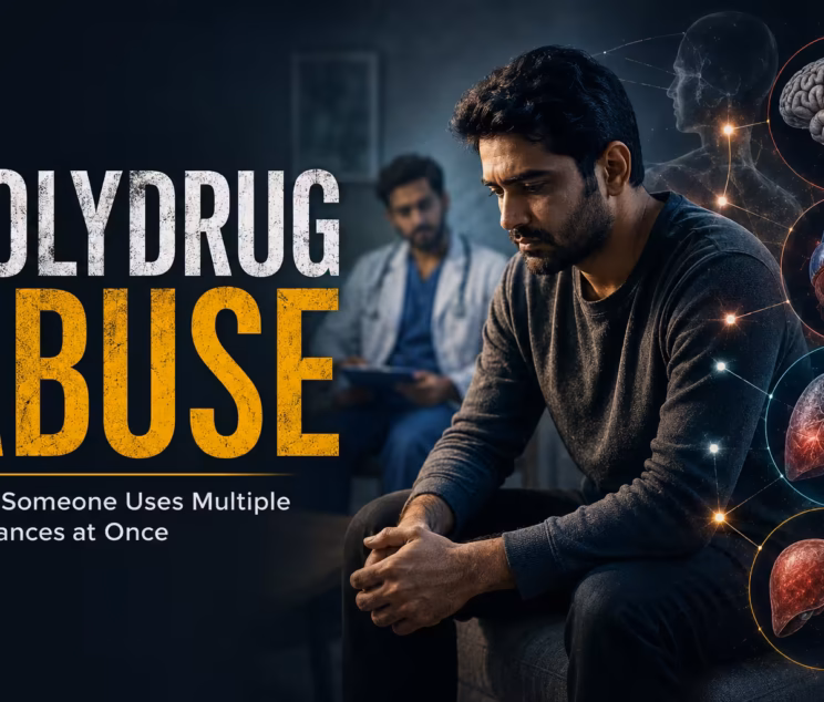 Polydrug abuse awareness thumbnail showing a concerned Pakistani man in a clinical rehabilitation setting, with symbolic medical illustrations of the brain, heart, lungs, and liver highlighting the dangers of using multiple substances at once.