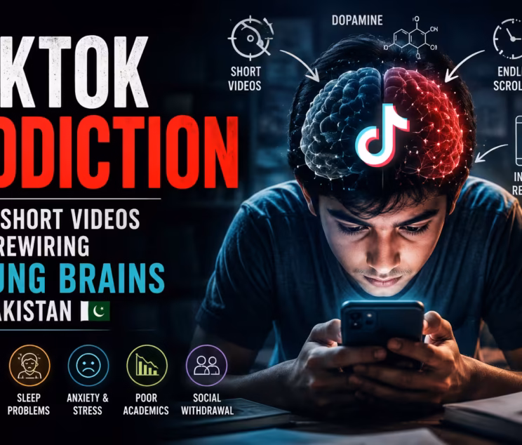 Pakistani teenager using TikTok on a smartphone with a highlighted brain illustration, representing the effects of TikTok addiction and excessive short-video consumption on young minds.