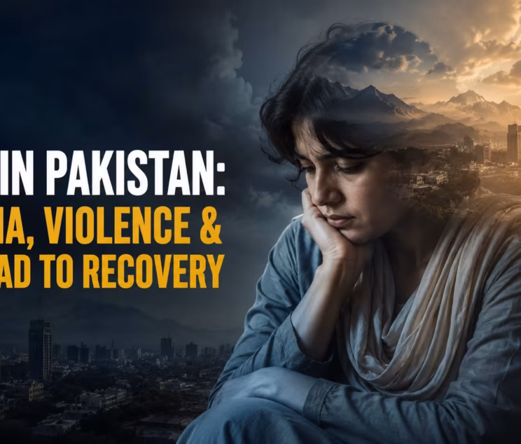 Mental health awareness illustration representing PTSD in Pakistan, trauma recovery, emotional healing, and professional psychological support.