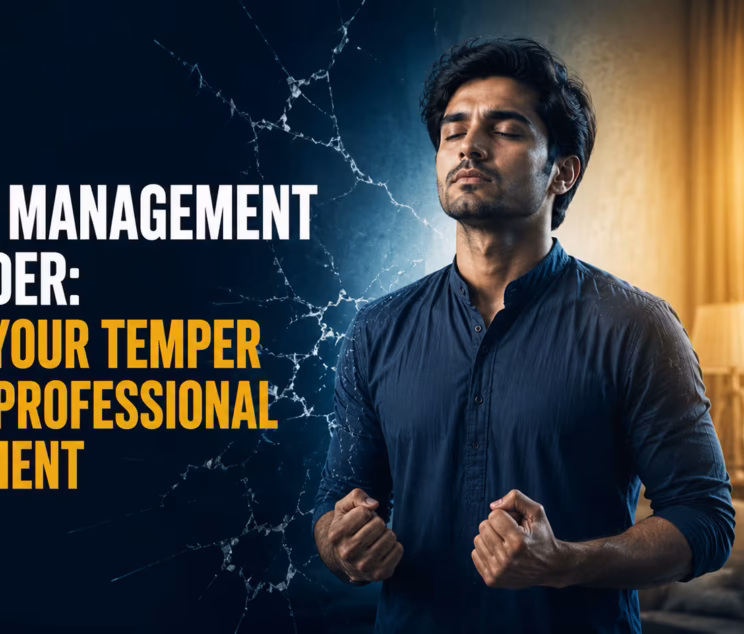 Mental health awareness thumbnail about anger management disorder featuring a Pakistani adult practicing emotional control with the title "Anger Management Disorder: When Your Temper Needs Professional Treatment."