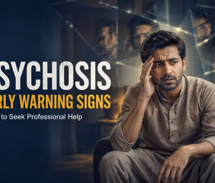 Realistic Pakistani adult showing confusion and distress, symbolizing psychosis and early warning signs requiring professional mental health support.